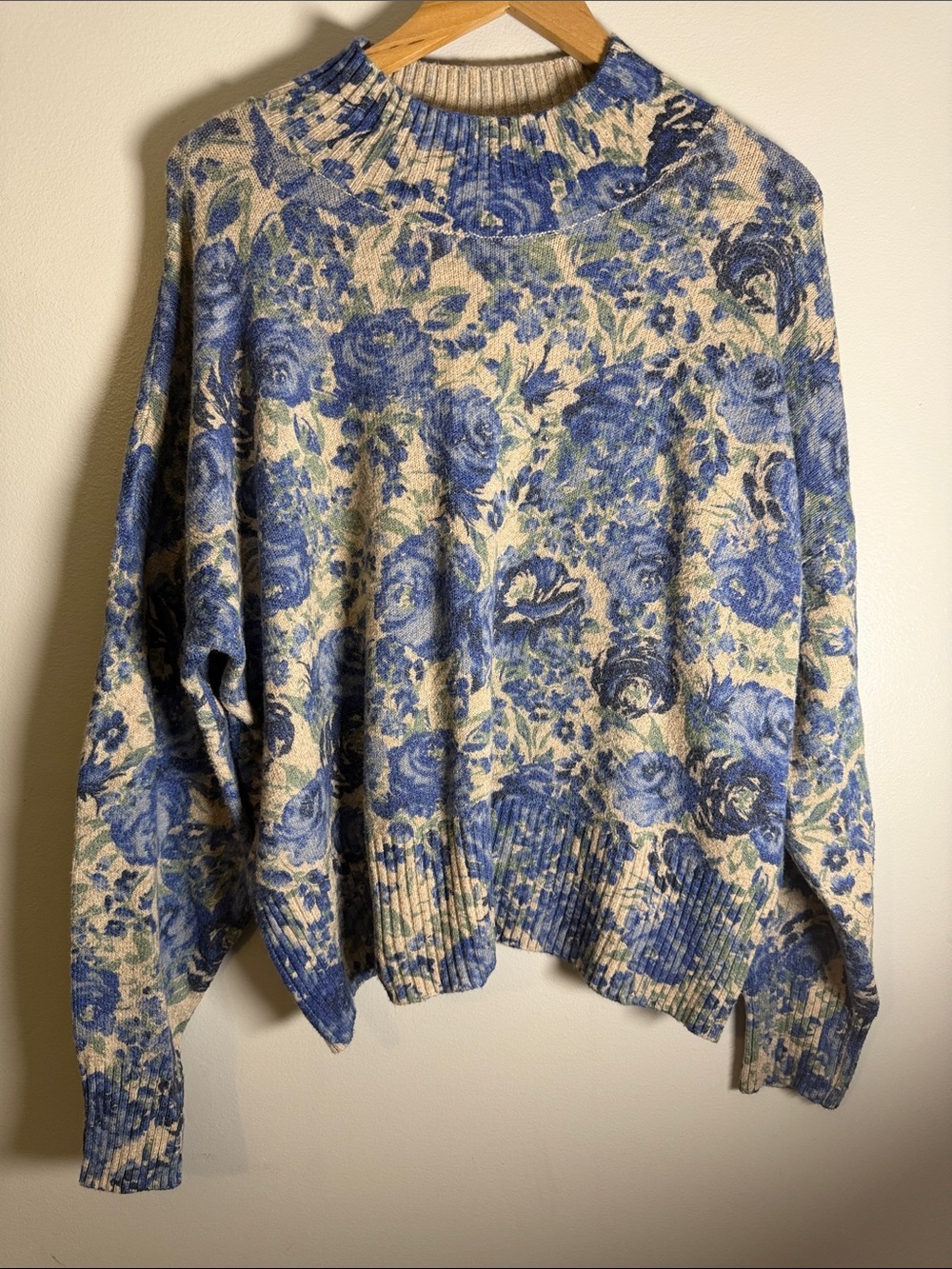 Blue Floral Soft Cozy Pullover Sweater, XXL